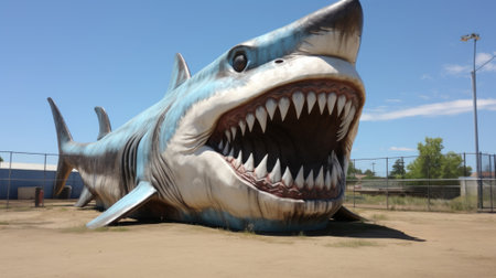 Three people stand in front of a figure of a giant shark, AIの素材