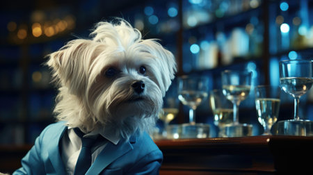 A small white dog in a blue suit and tie, AIの素材