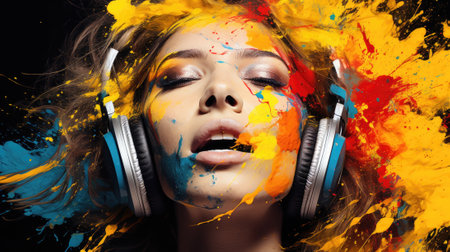 A woman with headphones and colorful paint splatter, AIの素材