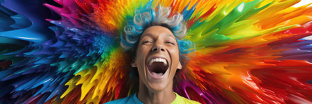 A man is laughing while surrounded by colorful paint, AIの素材