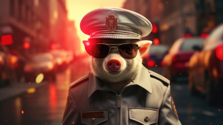 A pig wearing sunglasses and a police hat, AIの素材