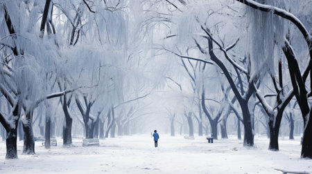 A person walking through a snowy park, AIの素材