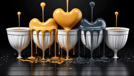 Three wine glasses with melted paint and hearts, AIの素材