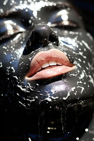 A womans face with black cosmetic mask applied, AIの素材