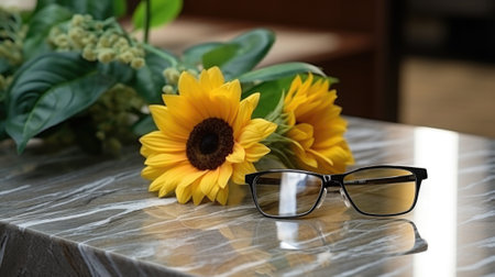 A pair of glasses and a sunflower on a marble counter, AIの素材