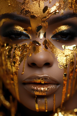 Golden face makeup with black and white makeup, AIの素材