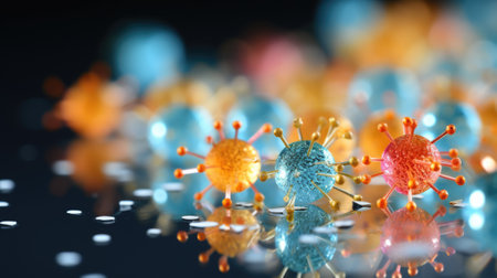 A group of colorful coronaviruses on a black surface, AIの素材