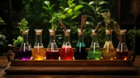 A tray of colorful liquid in a glass bottle, AIの素材