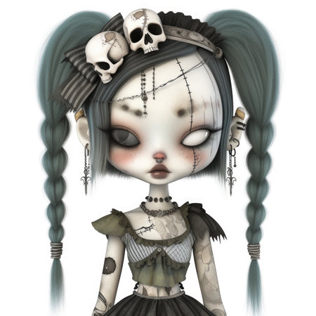 A cartoon girl with long hair and a skull on her head, AIの素材