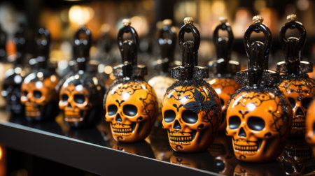 A row of skulls with black and orange designs, AIの素材