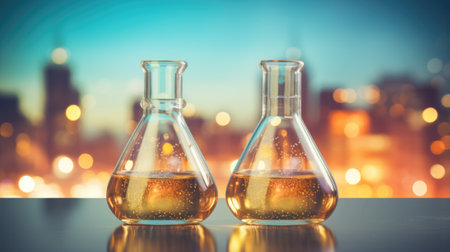 Two glass flasks with liquid in them on a table with a cityscape in the background, AIの素材