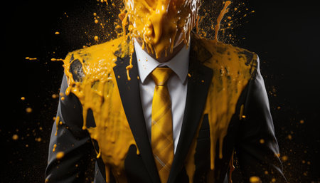 A man in a suit and tie is covered in yellow paint, AIの素材