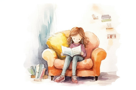 Watercolor illustration of a girl reading a book, AIの素材