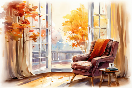 A painting of an autumn scene with a chair and a window, AIの素材