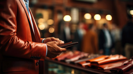 Man in red suit holding a cell phone, AIの素材