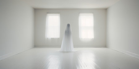 A white room with a white female ghost figure in the middle, AIの素材