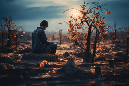 A sad man sitting on the ground in front of a tree, AIの素材