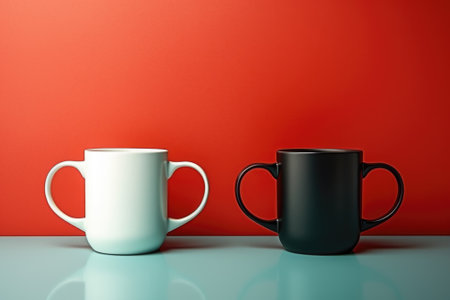 Two coffee mugs with two handles are sitting on a table against a red wall, AIの素材