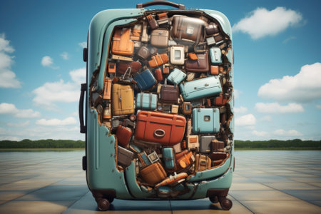 A suitcase full of luggage is shown on the ground, AIの素材
