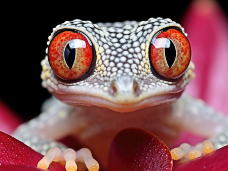 A close up of a frogs eyes on a flower. AI.の素材