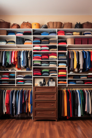 A closet filled with lots of different colored shirts. AI.の素材