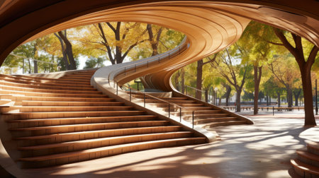 A curved staircase in a park with trees in the background. AI.の素材