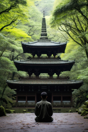 A man sitting in front of a pagoda in a forest. AI.の素材