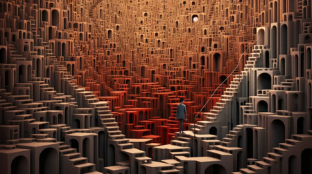 A man standing in a maze of red chairs. AI.の素材