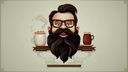 A man with a beard and glasses next to a cup of coffee, AIの素材