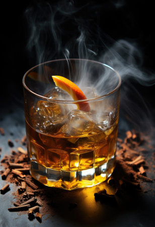 A glass of whiskey with ice and an orange slice, AIの素材