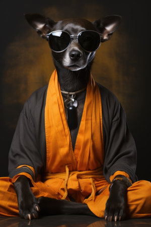 A dog wearing sunglasses sitting on a table, AIの素材