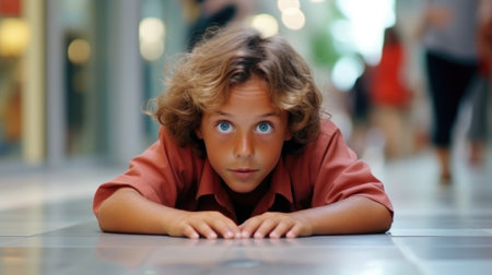 A young boy laying on the floor looking at the camera, AIの素材