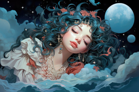 A painting of a woman with blue hair, AIの素材