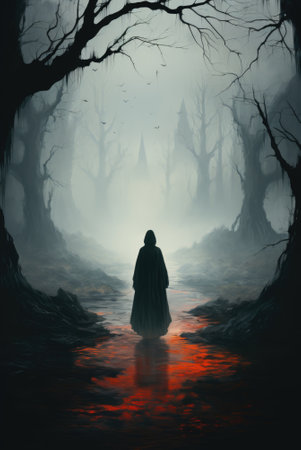 A person standing in the middle of a dark forest, AIの素材