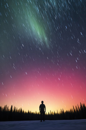 A person standing on a snow covered field under a sky full of stars, AIの素材