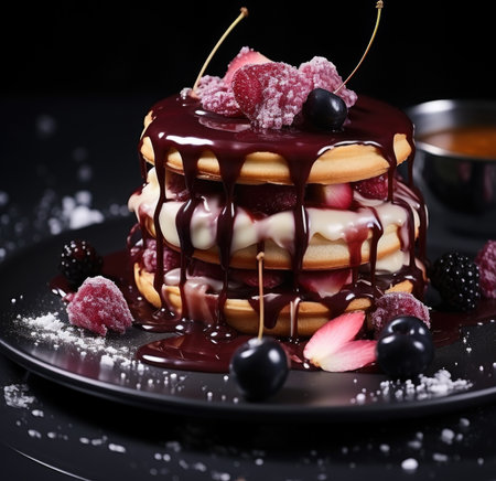 A stack of pancakes covered in chocolate and berries, AIの素材