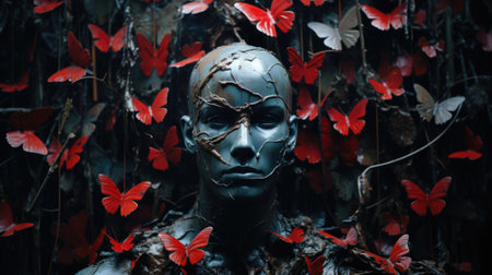 A statue of a woman surrounded by red butterflies, AIの素材
