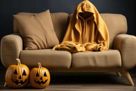 A couch with two pumpkins and a blanket on it. AI.の素材
