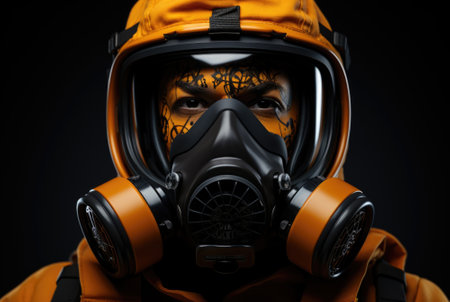 A man wearing a gas mask and a yellow jacket. AI.の素材