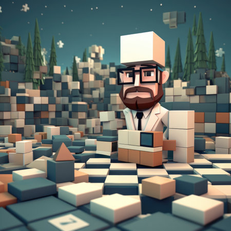 A cubic man in a suit and glasses is sitting on a pile of blocks, AIの素材