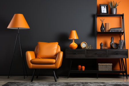 A living room with orange furniture and a black wall, AIの素材