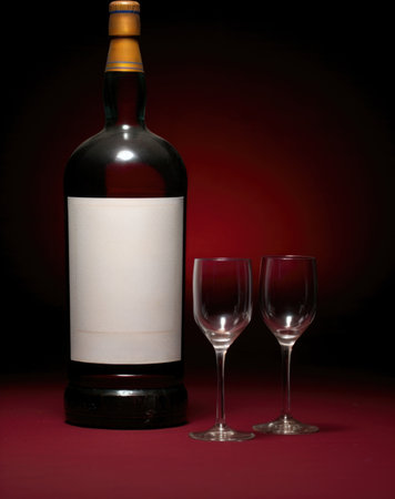 A bottle of whisky and two glasses on a red background, AIの素材
