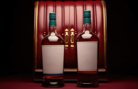 Two bottles of whiskey sit next to a wooden case, AIの素材