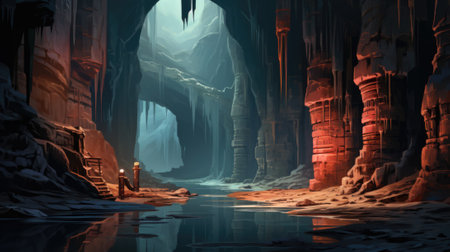 A man standing in a cave next to a body of water, AIの素材