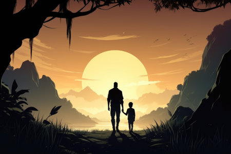 A man and a child are standing in front of a sunset, AIの素材