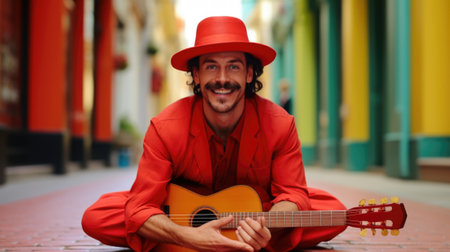 A man in a red shirt and red hat playing a guitar, AIの素材