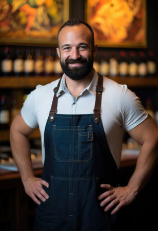 A man with a beard standing in front of a bar, AIの素材