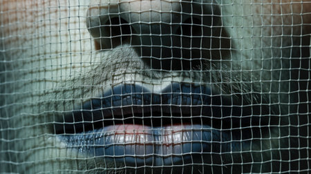 A close up of a persons mouth through a fence, AIの素材