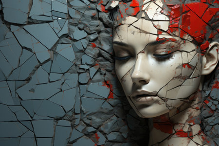 A close up of a womans face with a broken wall behind her, AIの素材