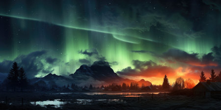 An aurora borealis over a mountain range with a cabin in the foreground, AIの素材